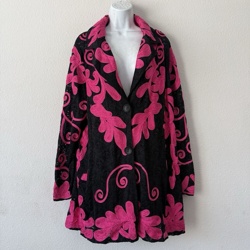 Damee Inc Lace Soutache Embroidered Jacket XL Black Pink Art to Wear Whimsigoth